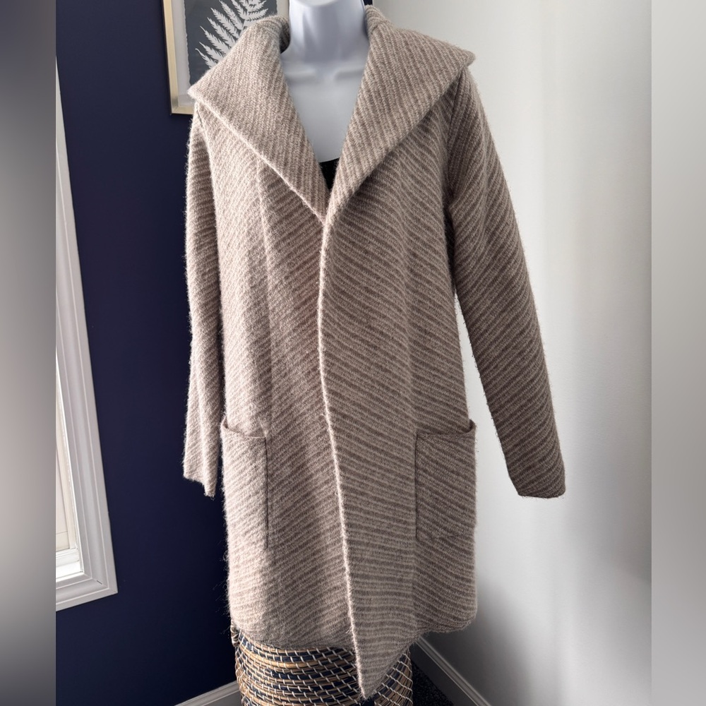 Max Studio taupe and ivory striped hooded open cardigan. Size Medium